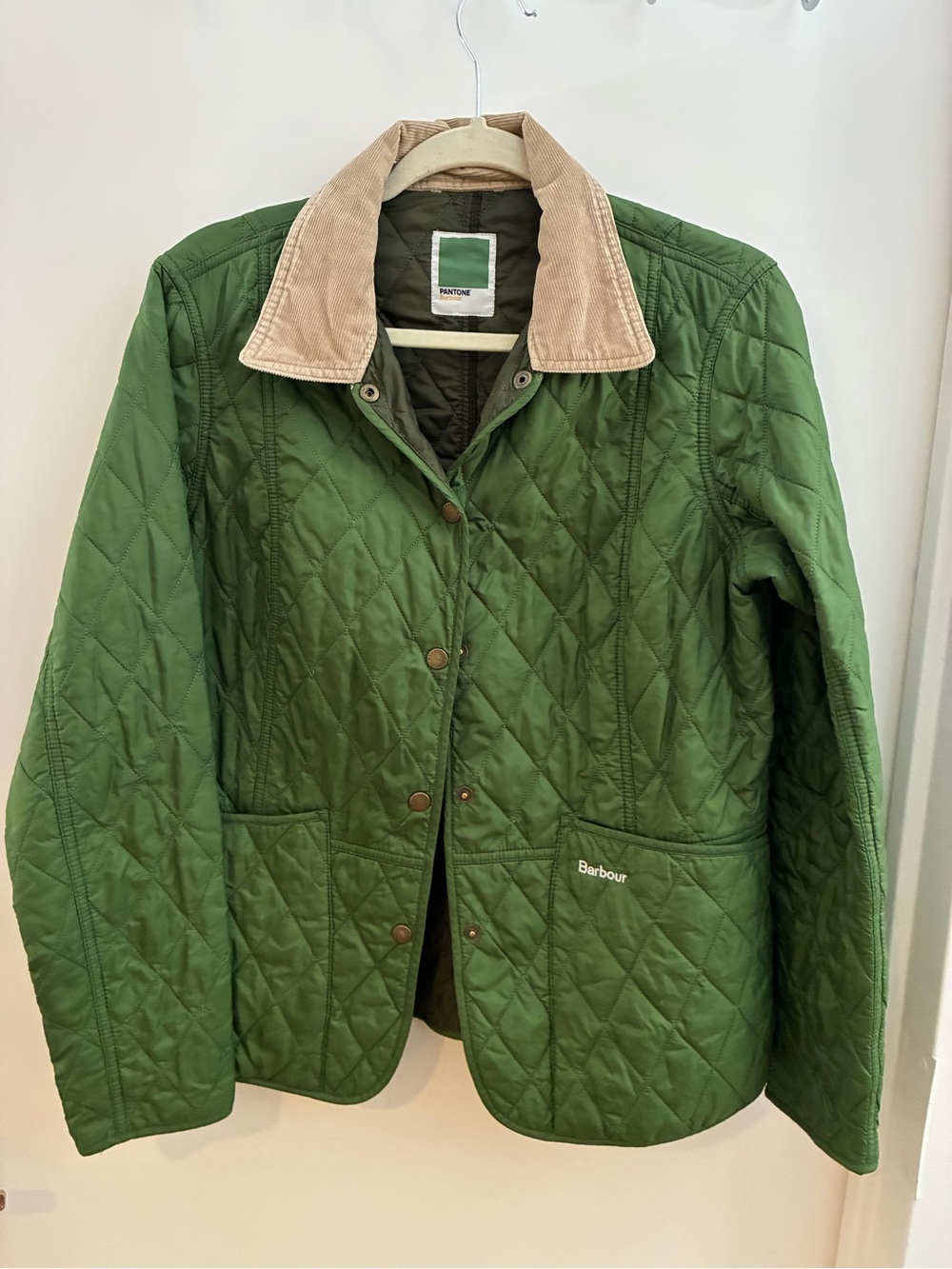 Barbour x Pantone Green Quilted Utility Jacket with Tan Corduroy Collar